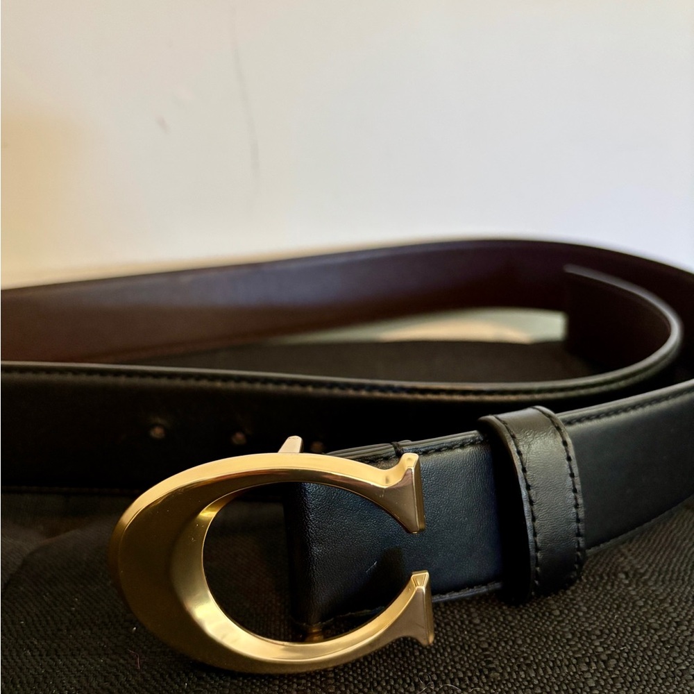Men's Black Leather Belt with Gold Buckle